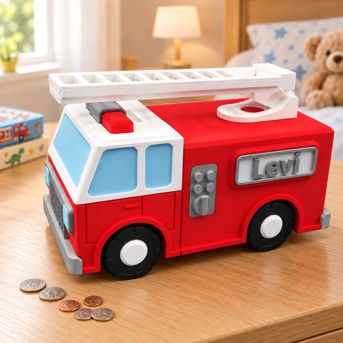 Firetruck Piggy Bank with Moving Ladder