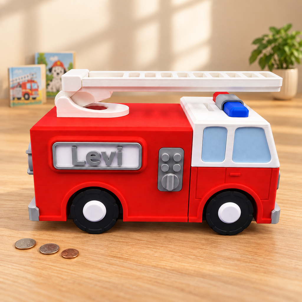 Firetruck Piggy Bank with Moving Ladder