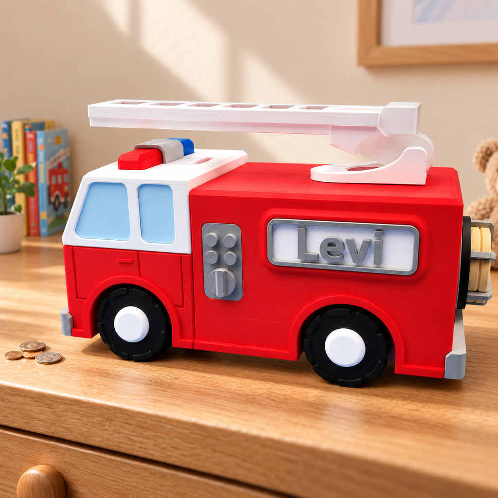 Firetruck Piggy Bank with Moving Ladder