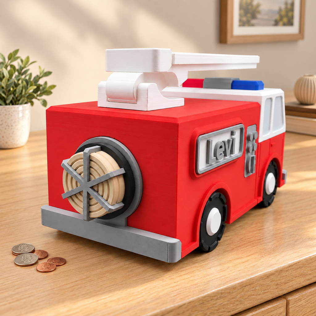 Firetruck Piggy Bank with Moving Ladder