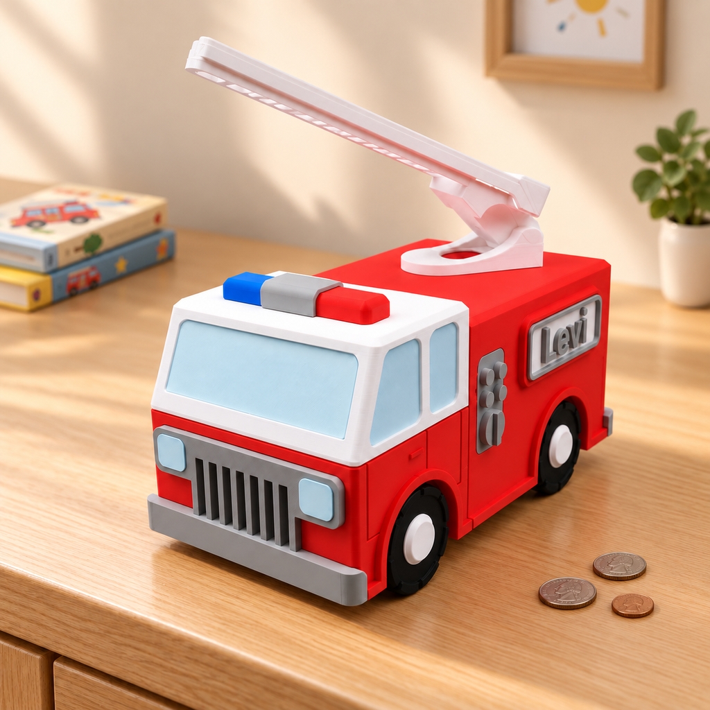 Firetruck Piggy Bank with Moving Ladder