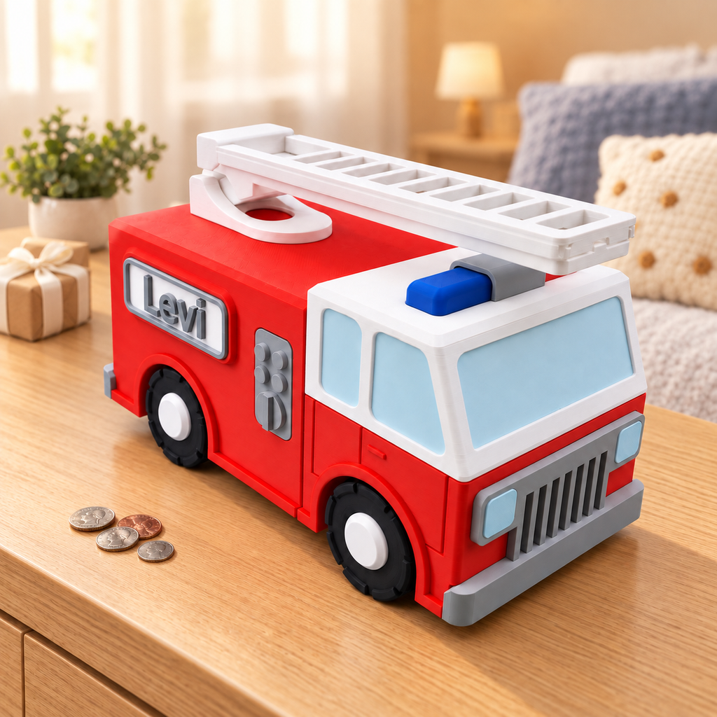 Firetruck Piggy Bank with Moving Ladder