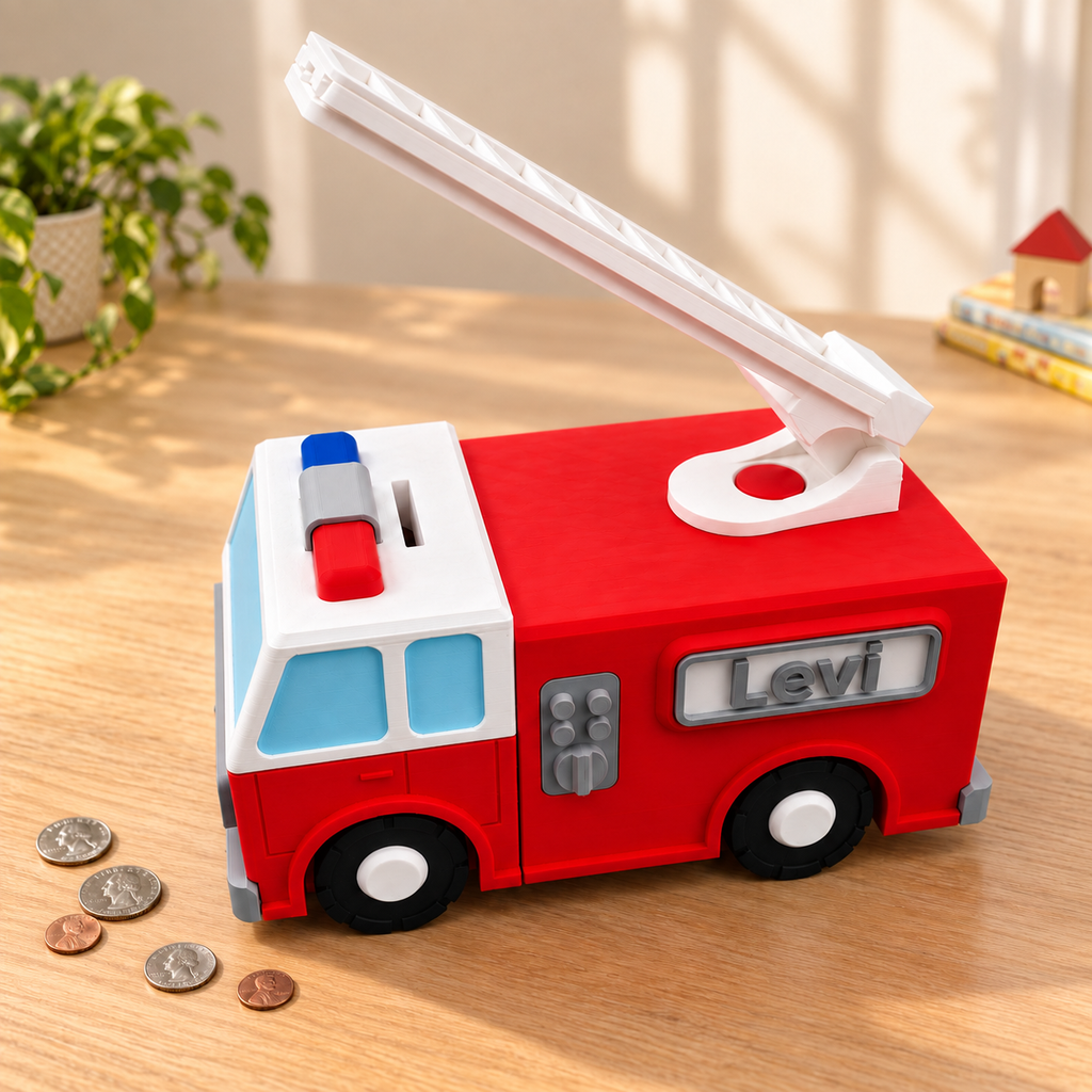 Firetruck Piggy Bank with Moving Ladder