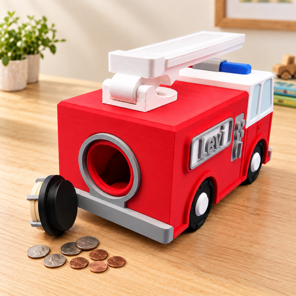 Firetruck Piggy Bank with Moving Ladder