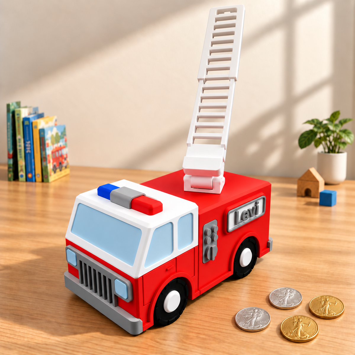 Firetruck Piggy Bank with Moving Ladder