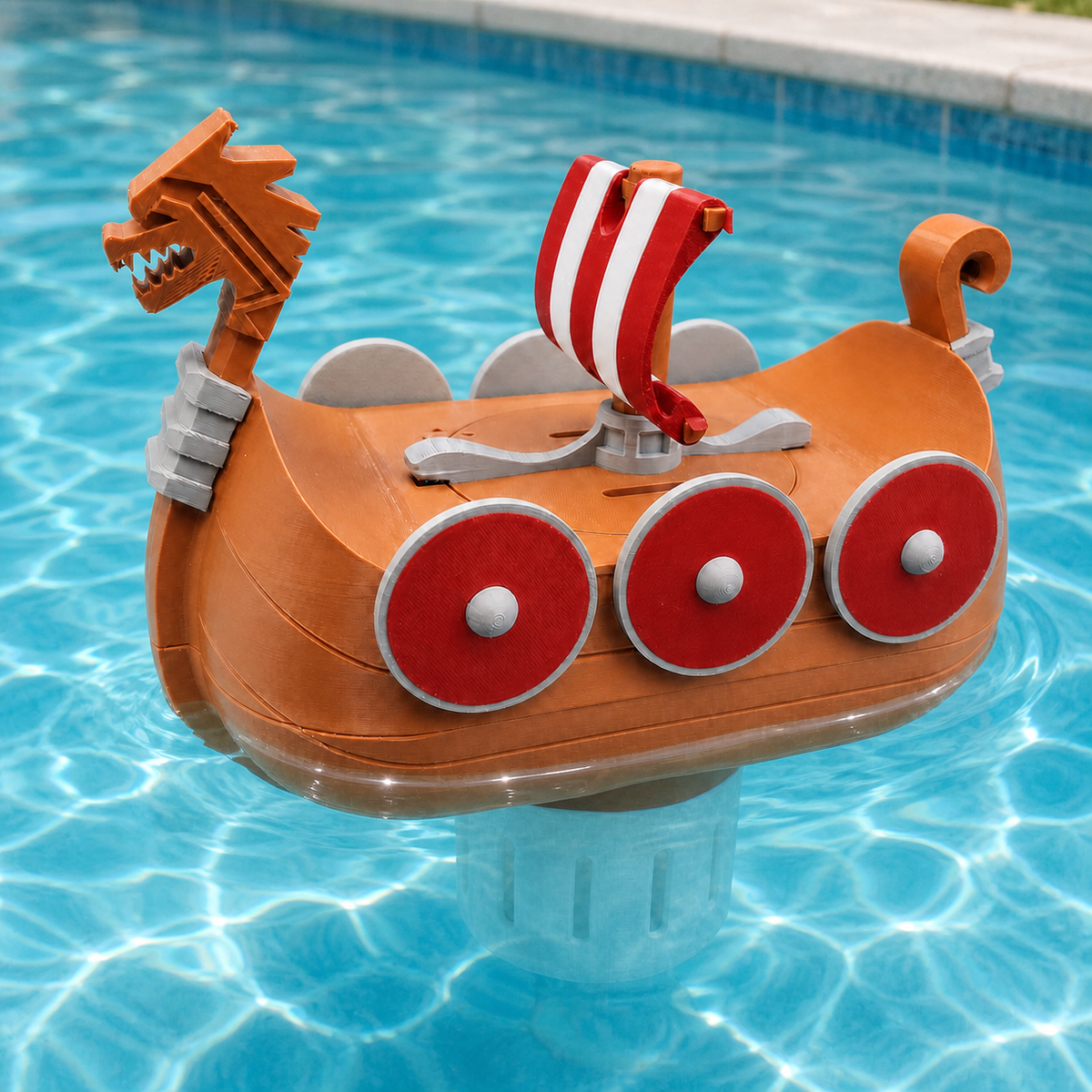 Red-and-white Viking longboat chlorine dispenser floating in a pool with its slotted tablet basket visible underwater.