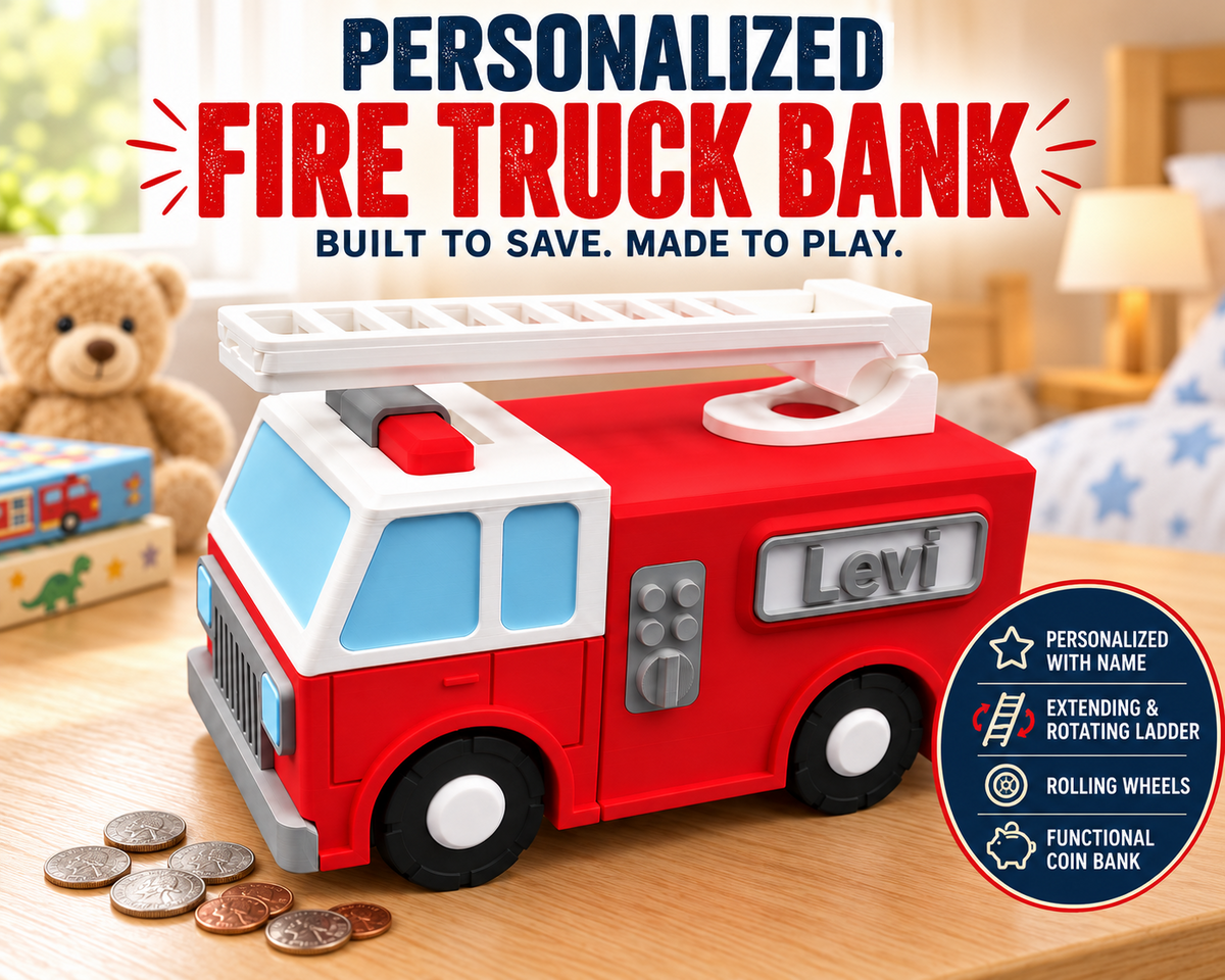 Firetruck Piggy Bank with Moving Ladder